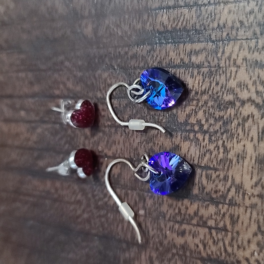 Pink heart stud earrings and purple dangle heart earrings